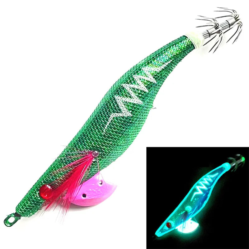 Glow Wood Shrimp Luminous Bait Squid Jigs with Octopus Squid Jig Hooks Cuttlefish Noctilucent Light Fishing Lure Size 3.5#/21g. Night fishing