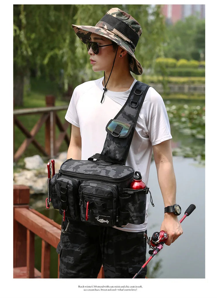 New Fishing Tackle Backpack Lure Box Gear Storage Bag Fanny Pack for Men Fly Fishing Backpack with Rod Holder Sling Shoulder Bag