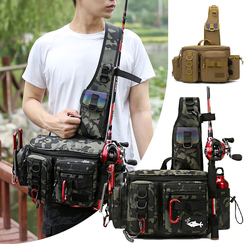 New Fishing Tackle Backpack Lure Box Gear Storage Bag Fanny Pack for Men Fly Fishing Backpack with Rod Holder Sling Shoulder Bag