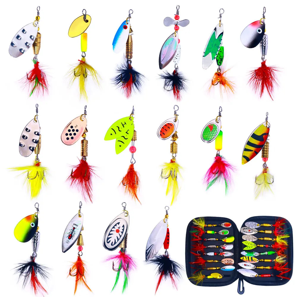 16PCS rotate Spinnerbait Metal Spoon Spinner Fishing Lure Hard Bait With Feather Treble Hooks with Bag Spinnerbait Tackle