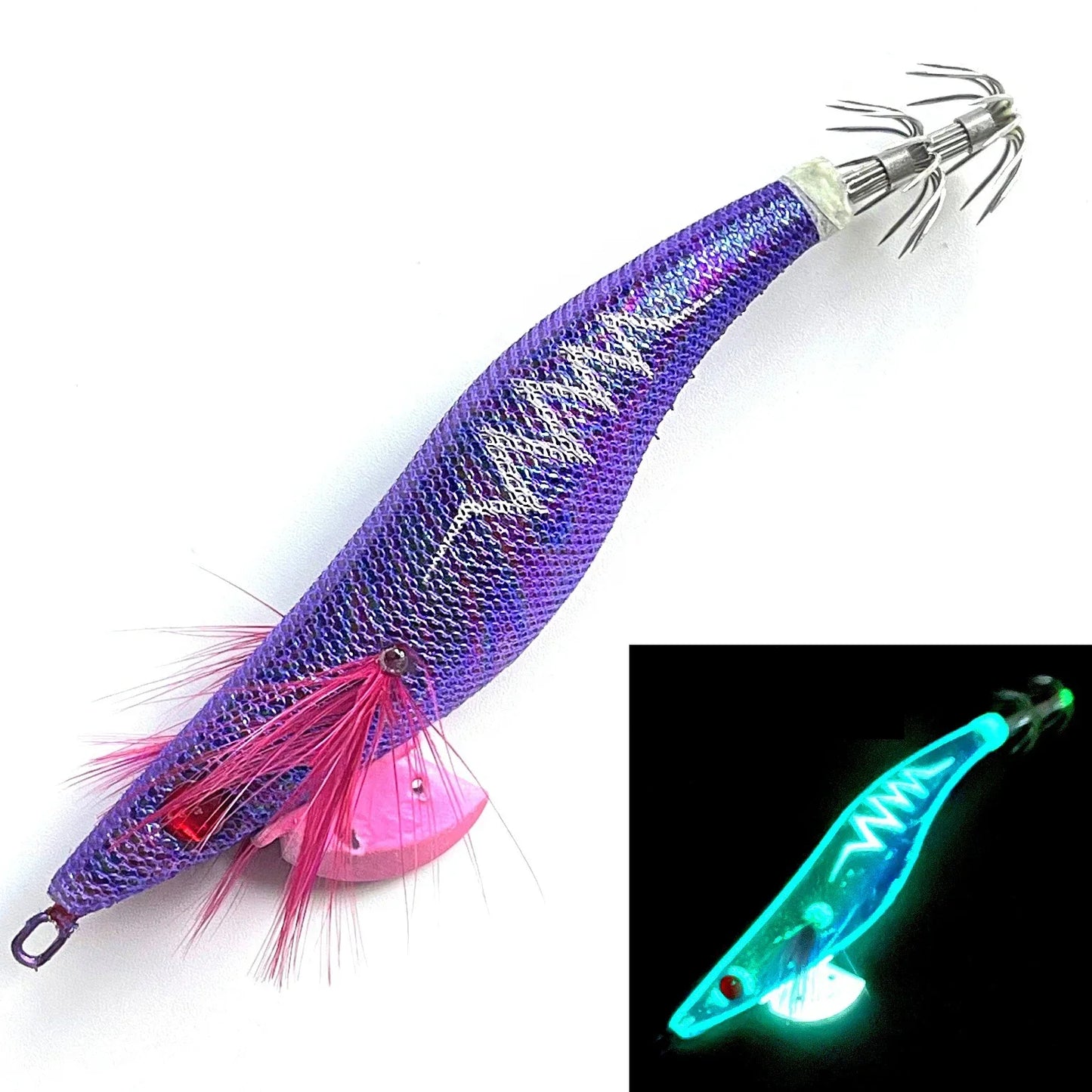 Glow Wood Shrimp Luminous Bait Squid Jigs with Octopus Squid Jig Hooks Cuttlefish Noctilucent Light Fishing Lure Size 3.5#/21g. Night fishing