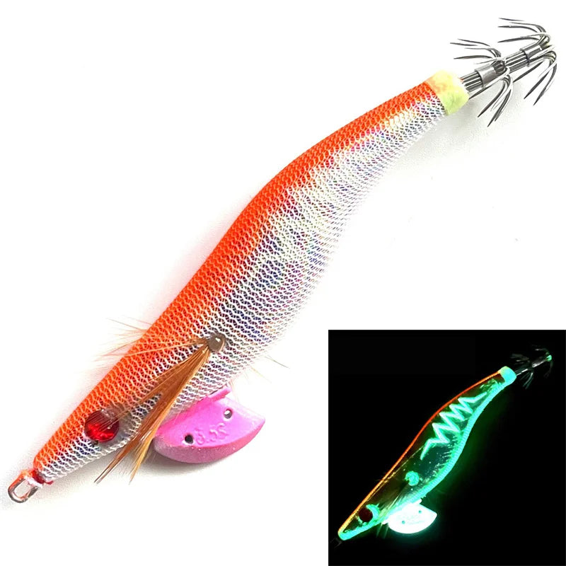 Glow Wood Shrimp Luminous Bait Squid Jigs with Octopus Squid Jig Hooks Cuttlefish Noctilucent Light Fishing Lure Size 3.5#/21g. Night fishing