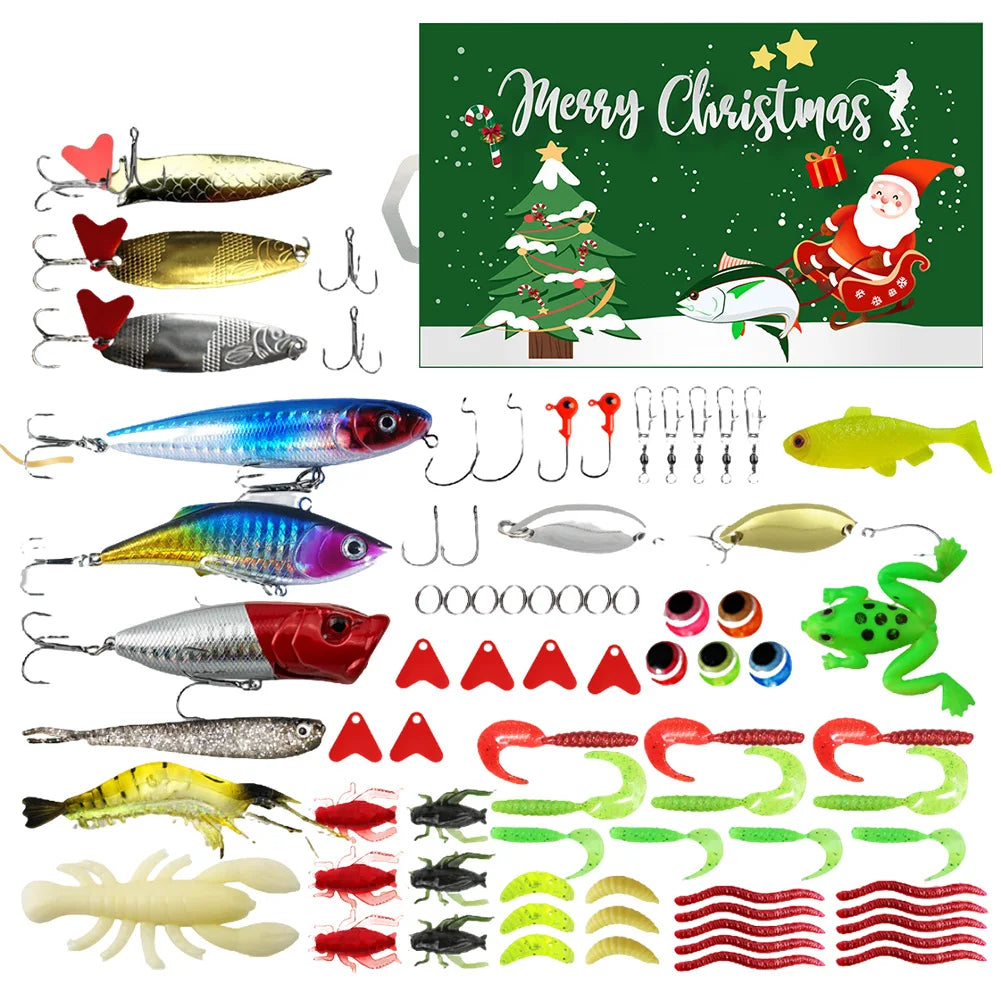 2024 Fishing Tackle Set Advent Calendar 24 Days Christmas Fishing Lures Box Xmas Fish Bait Box Surprise Gifts for Fishing Lover