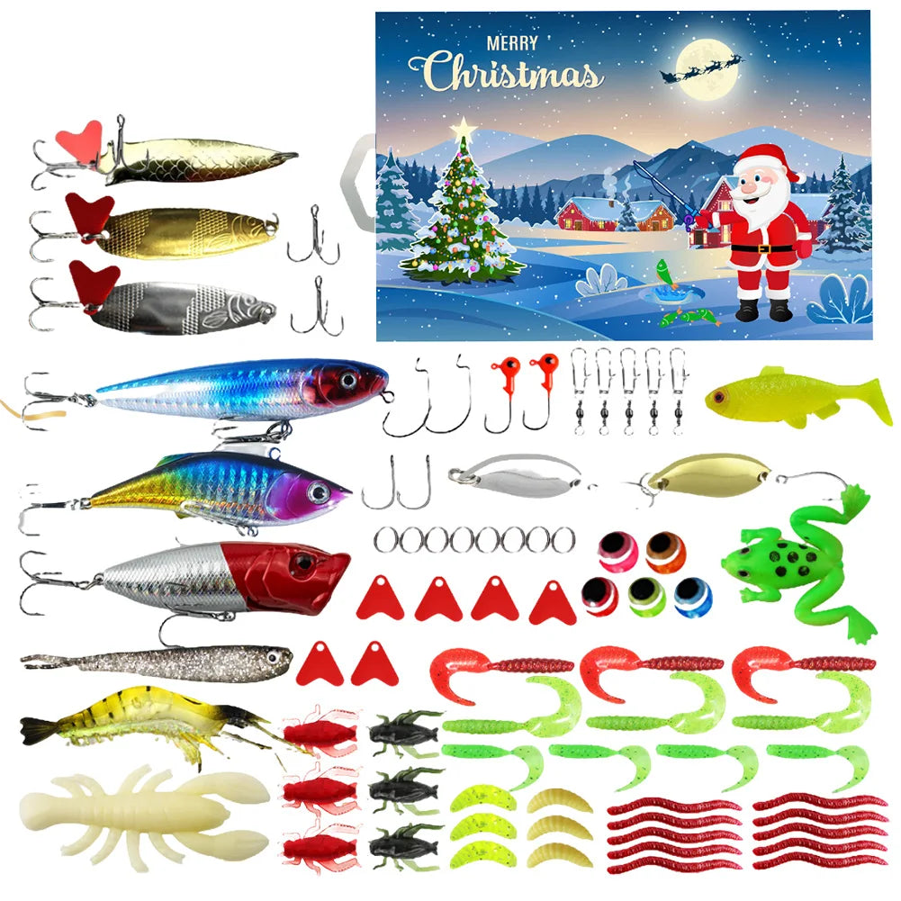 2024 Fishing Tackle Set Advent Calendar 24 Days Christmas Fishing Lures Box Xmas Fish Bait Box Surprise Gifts for Fishing Lover