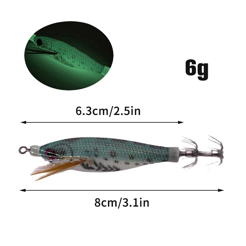 Squid Hook Fishing Lures Luminous Wood Shrimp Cuttlefish Egi Squid Jig Baits Sea Fishing Night Glow octopus Horizontal egi lure. Night fishing