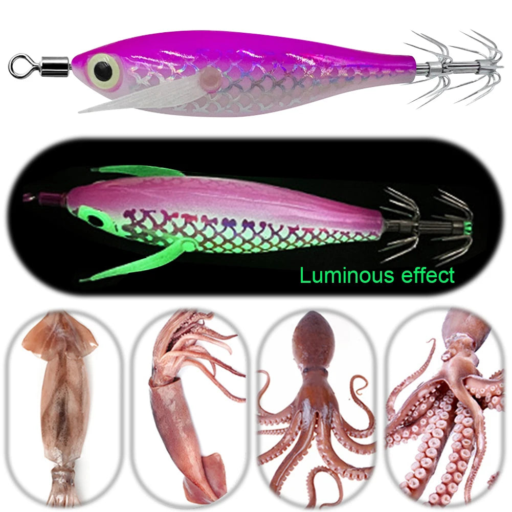 1Pc 7.5cm/8cm Laser Luminous Squid Jig Floating Horizontal Wood Shrimp Egi Lure Squid Jigging Shrimp Hooks Fishing Octopus Baits