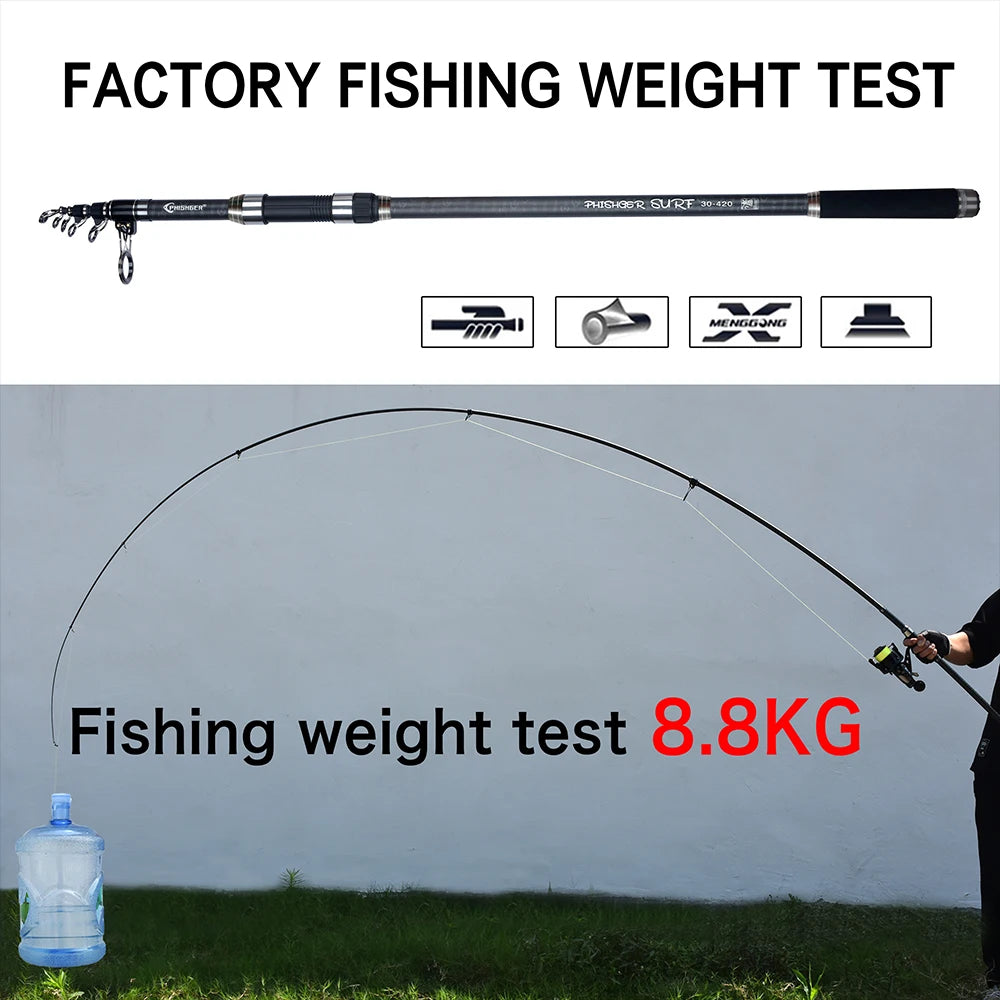 PHISHGER Telescopic Surf Spinning Rod 3.6/4.2/4.5/5.0/5.3m Power80-150g 30T Carbon Travel Surfcasting Shore Casting Fishing Pole