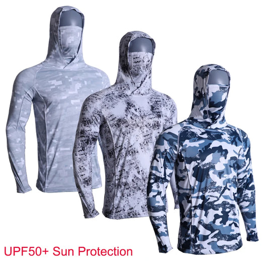 UPF 50+ Mens Hooded Fishing Shirt with Mask UV Neck Gaiter Hoodie Men Hooded Fishing Shirts Fishing Hoodie Moisture Wicking