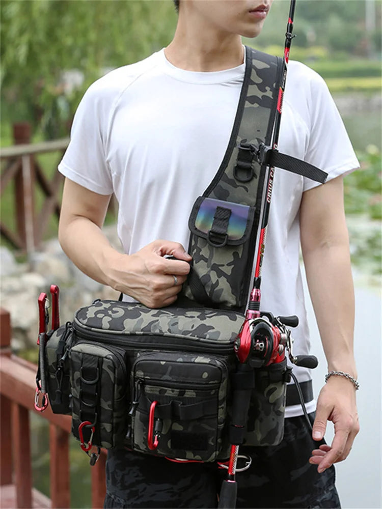 New Fishing Tackle Backpack Lure Box Gear Storage Bag Fanny Pack for Men Fly Fishing Backpack with Rod Holder Sling Shoulder Bag