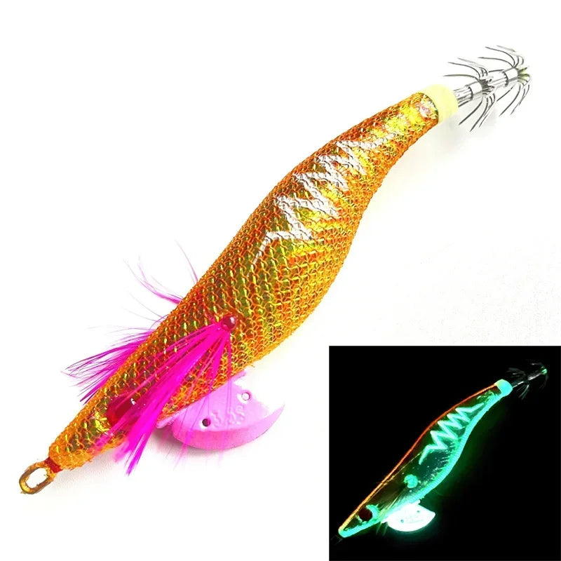 Glow Wood Shrimp Luminous Bait Squid Jigs with Octopus Squid Jig Hooks Cuttlefish Noctilucent Light Fishing Lure Size 3.5#/21g. Night fishing