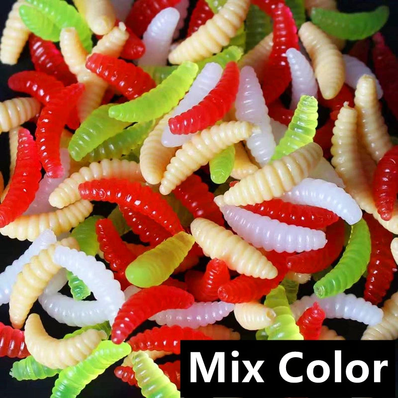 Newest 50PCS/Bag 2cm 0.3g Bread Worm Silicone Artificial Baits Soft Fishing Lure Hooks Smell Worms Glow Shrimps Fish Lures 2023