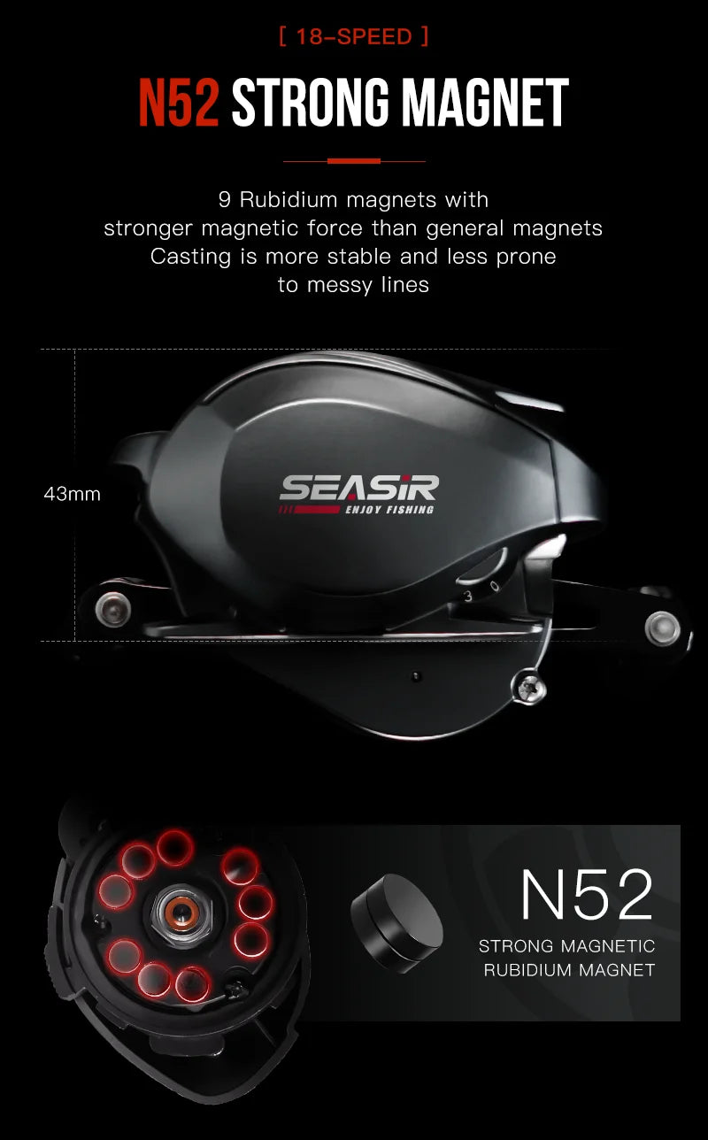 SEASIR Cast X2 Baitcasting Reel 7.3:1 Hybrid Ceramic Bearing Carbon Fiber Washer Dual Bearing System N52 Brake Fishing Reels