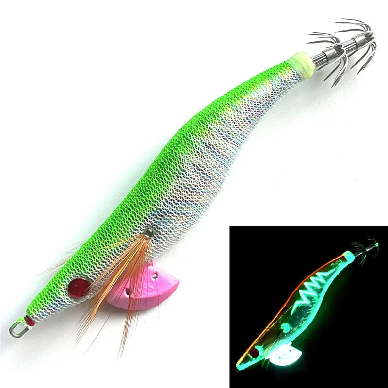 Glow Wood Shrimp Luminous Bait Squid Jigs with Octopus Squid Jig Hooks Cuttlefish Noctilucent Light Fishing Lure Size 3.5#/21g. Night fishing