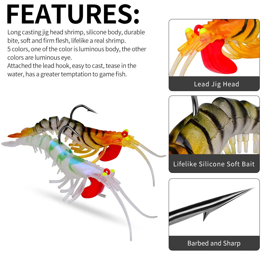 1pcs Luminous Eyes Silicone Shrimp Baits 6g 13g 19g Bionic Soft Prawn Lures Metal Jig Head Sinking Swimbait Wobbler Jigging Hook