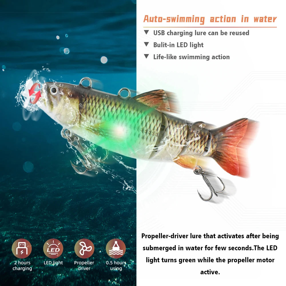 90mm mini Automatic Swimming Robotic Electric Fishing Lure Multi Jointed Bait Auto Swimbait USB LED Light Wobbler for pike