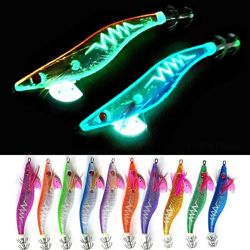 Glow Wood Shrimp Luminous Bait Squid Jigs with Octopus Squid Jig Hooks Cuttlefish Noctilucent Light Fishing Lure Size 3.5#/21g. Night fishing