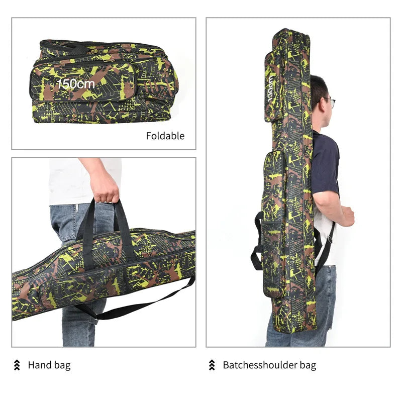 1.3m/1.5m 2-layer foldable large belly sea fishing bag, double shoulder fishing rod bag, outdoor storage tool kit for fishing