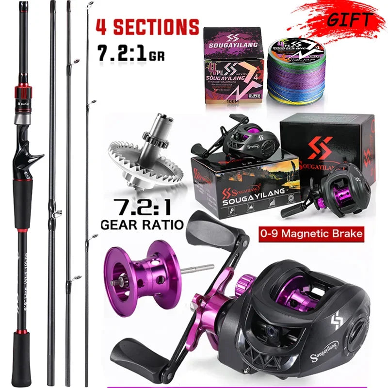 Combo Fishing Rod + Reel Sougayilang 1.8~2.1m Carbon Fiber Casting Rod and 7.2:1 Gear Ratio Baitcasting Ree Max Drag 10kg