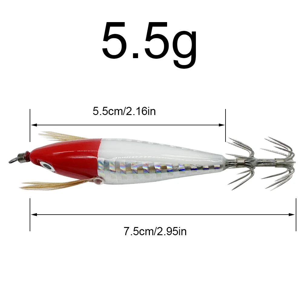 10-1pcs Squid Jigging Wood Shrimp Hook 5.5g 7.5cm Luminous Fishing Bait Simulation Squid Fluorescent Fishing Lure for Freshwater