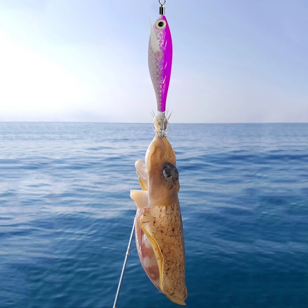 1Pc 7.5cm/8cm Laser Luminous Squid Jig Floating Horizontal Wood Shrimp Egi Lure Squid Jigging Shrimp Hooks Fishing Octopus Baits