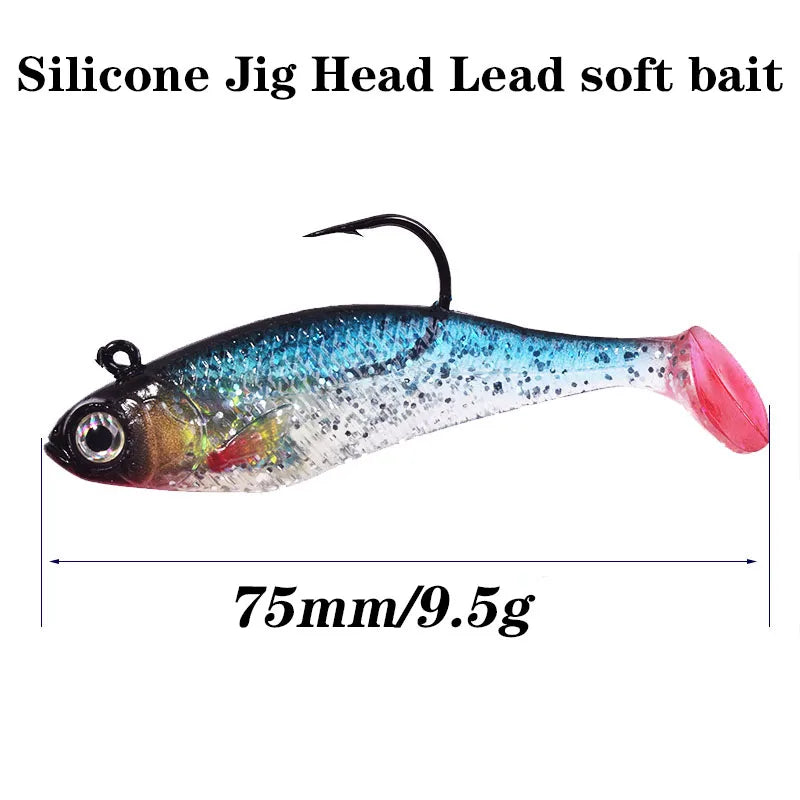 1PCS Jig Head T Tail Silicone Soft Bait 75mm 9.5g Fishing Wobbler Lures Artificial Rubber Baits for Sea Bass Carp Spoon Tackle