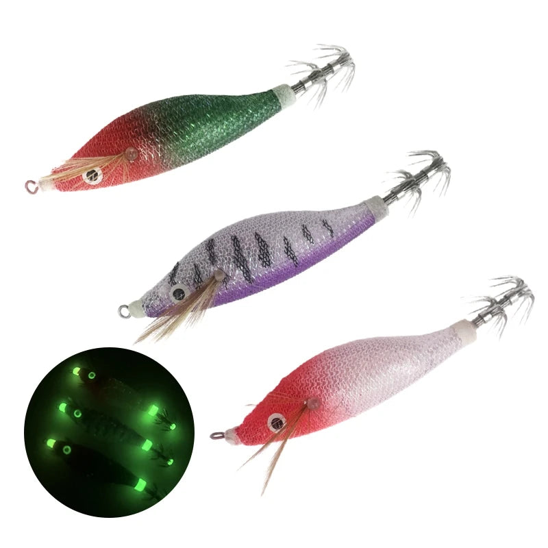 Squid Hook Fishing Lures Luminous Wood Shrimp Cuttlefish Egi Squid Jig Baits Sea Fishing Night Glow octopus Horizontal egi lure. Night fishing