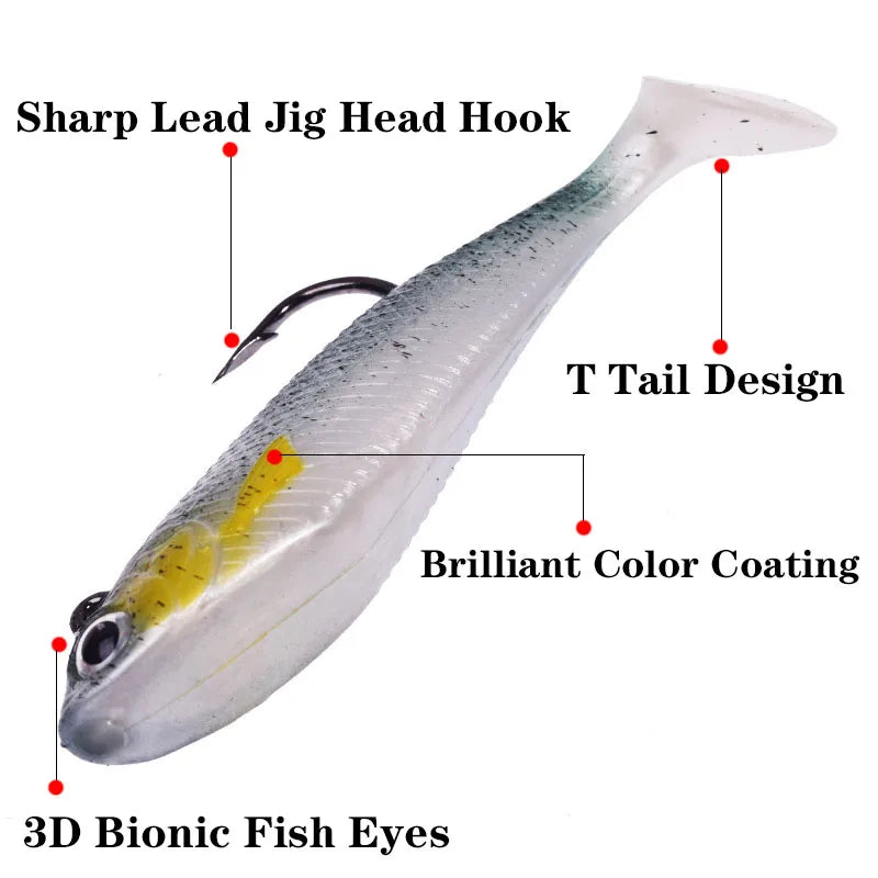 1PCS Jig Head T Tail Silicone Soft Bait 75mm 9.5g Fishing Wobbler Lures Artificial Rubber Baits for Sea Bass Carp Spoon Tackle