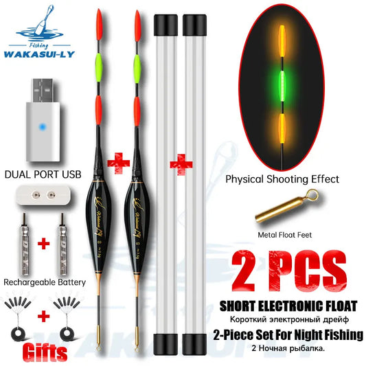 WAKASUILY New 2-Piece Set Night Fishing Float Short  Eye-Catching Rock Fishing Float With Dual Hole Charger/Rechargeable Battery. Night fishing