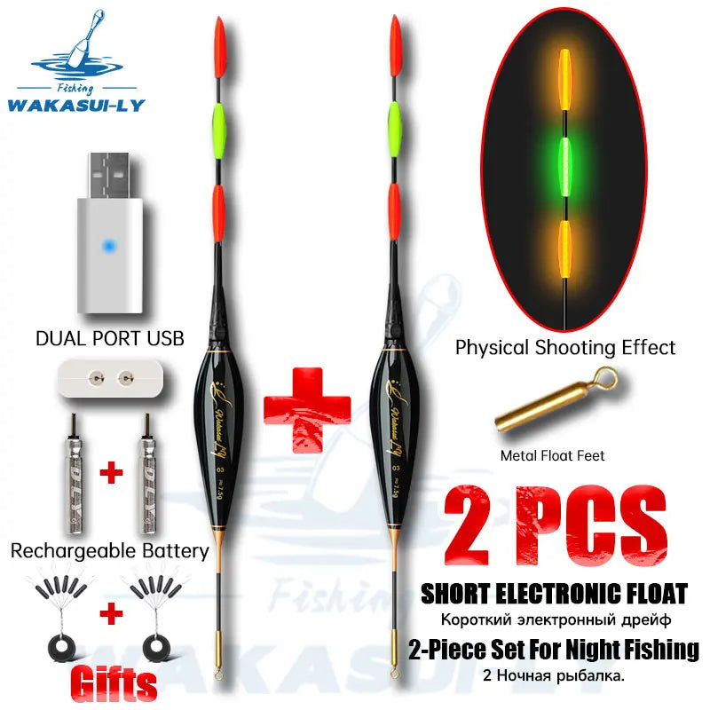 WAKASUILY New 2-Piece Set Night Fishing Float Short  Eye-Catching Rock Fishing Float With Dual Hole Charger/Rechargeable Battery. Night fishing