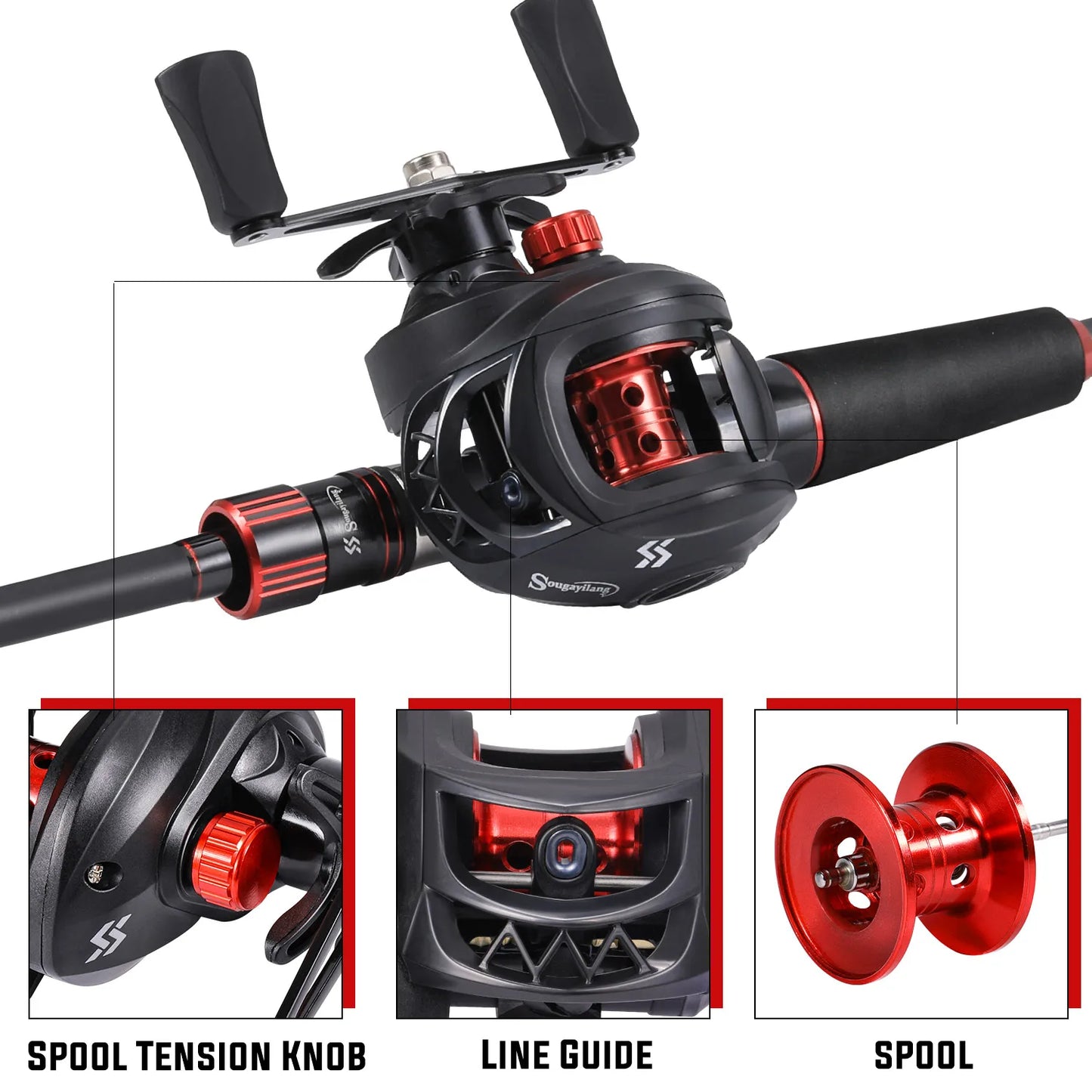 Combo Fishing Rod + Reel Sougayilang 1.8~2.1m Carbon Fiber Casting Rod and 7.2:1 Gear Ratio Baitcasting Ree Max Drag 10kg